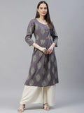Jompers Women's Grey & Orange Ethnic Motifs Printed Block Print Kurta with Box Pleate