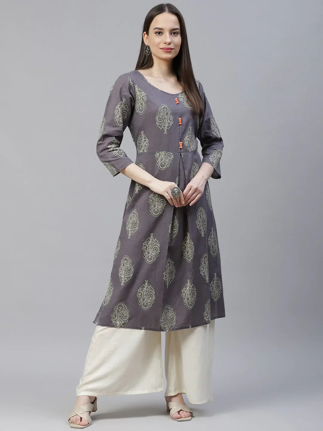 Jompers Women's Grey & Orange Ethnic Motifs Printed Block Print Kurta with Box Pleate