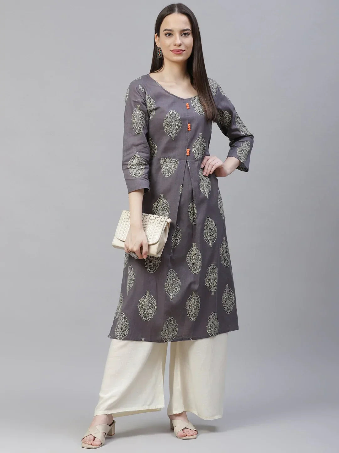 Jompers Women's Grey & Orange Ethnic Motifs Printed Block Print Kurta with Box Pleate