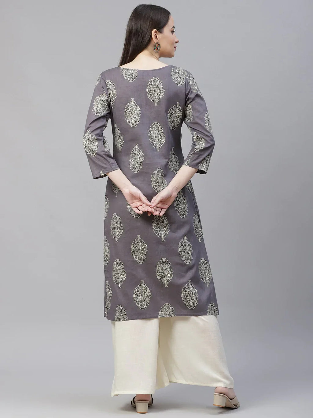 Jompers Women's Grey & Orange Ethnic Motifs Printed Block Print Kurta with Box Pleate