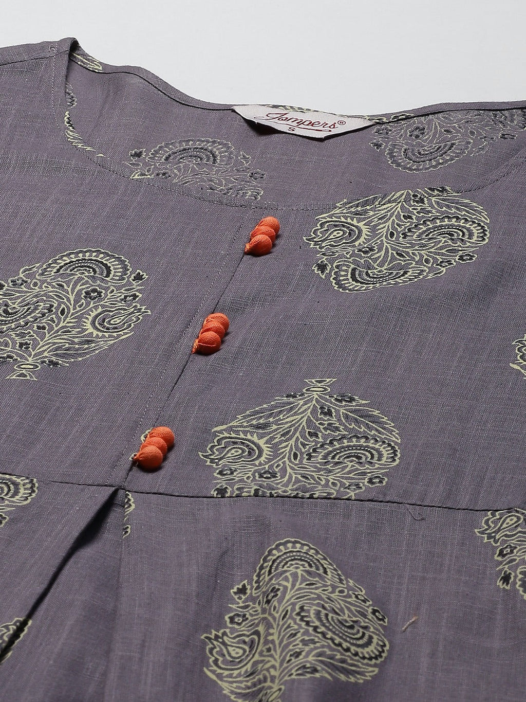 Jompers Women's Grey & Orange Ethnic Motifs Printed Block Print Kurta with Box Pleate