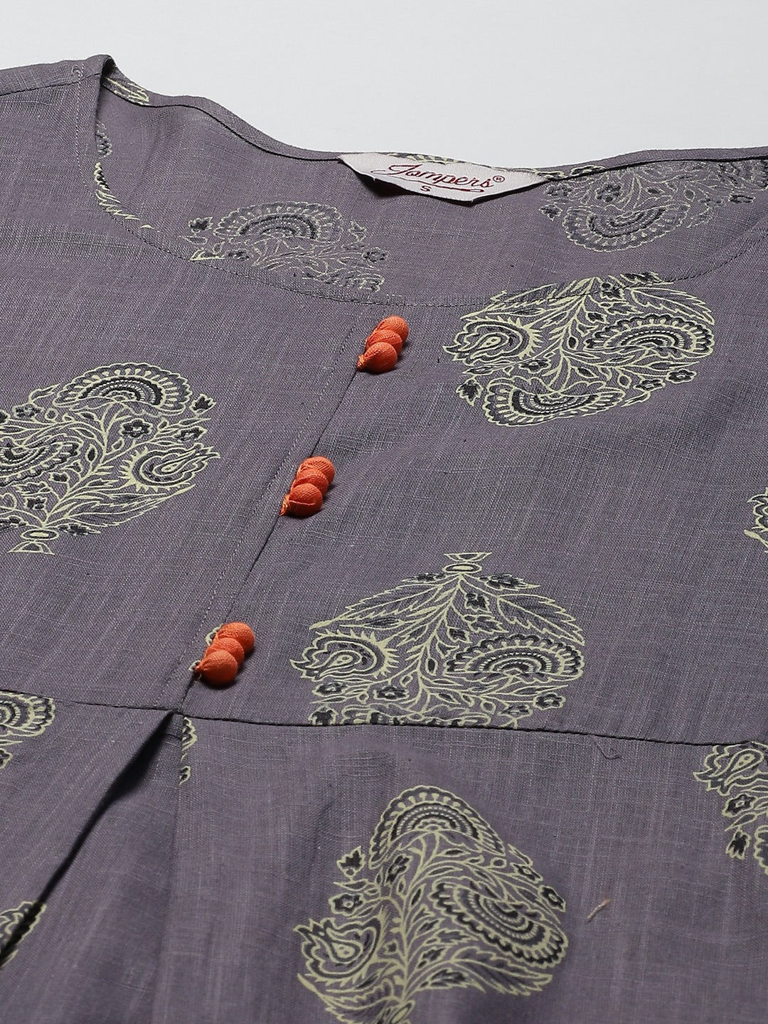 Jompers Women's Grey & Orange Ethnic Motifs Printed Block Print Kurta with Box Pleate