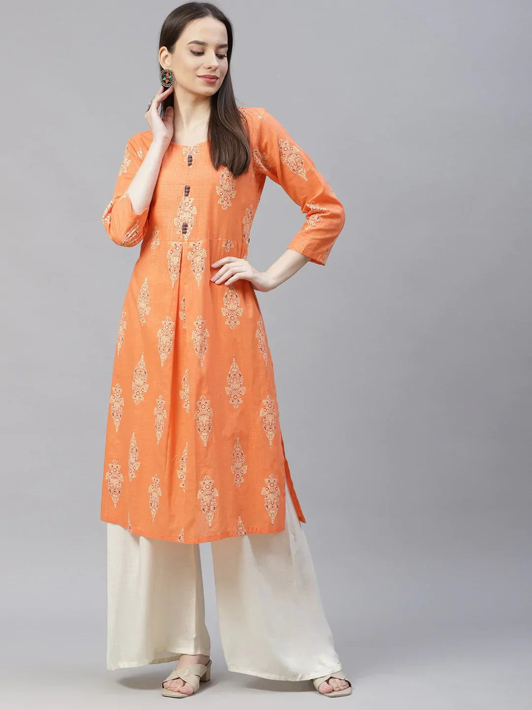 Jompers Women's Orange & Grey Ethnic Motifs Printed Block Print Kurta with Box Pleate