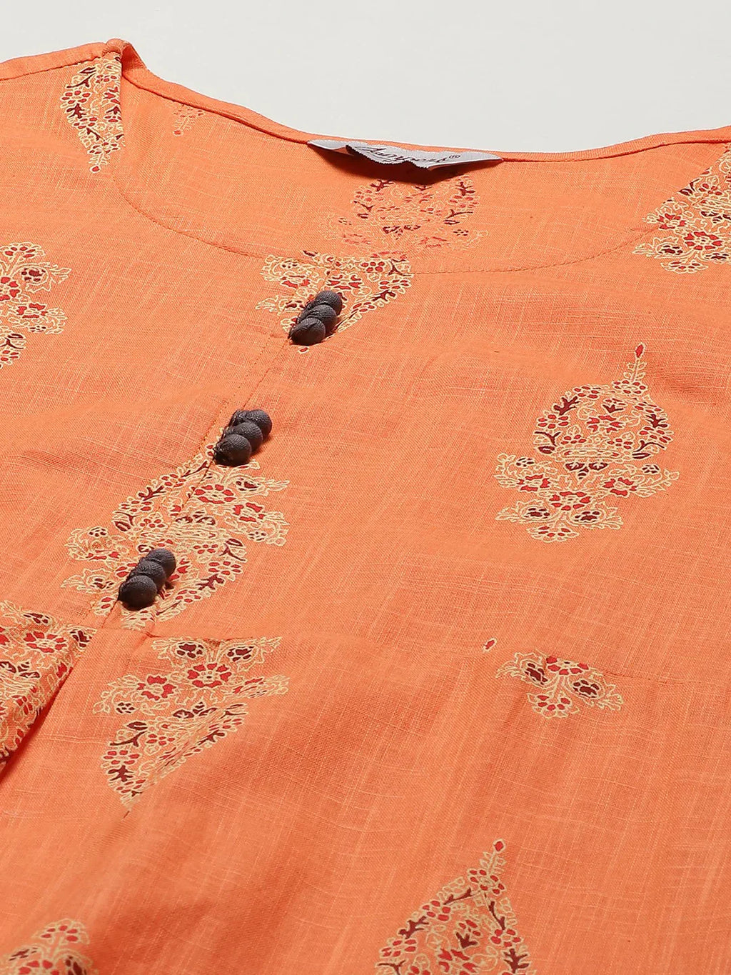 Jompers Women's Orange & Grey Ethnic Motifs Printed Block Print Kurta with Box Pleate