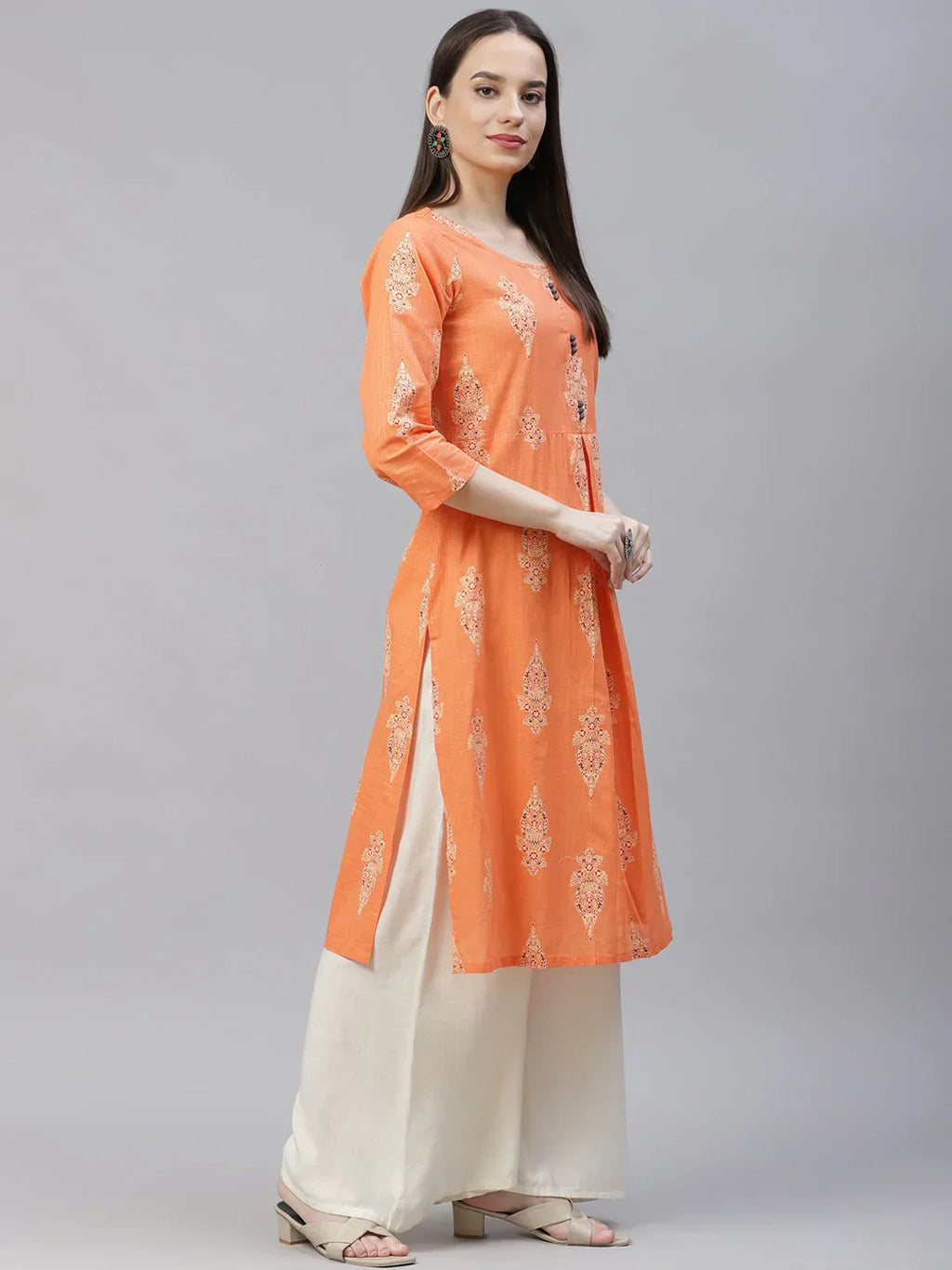 Jompers Women's Orange & Grey Ethnic Motifs Printed Block Print Kurta with Box Pleate