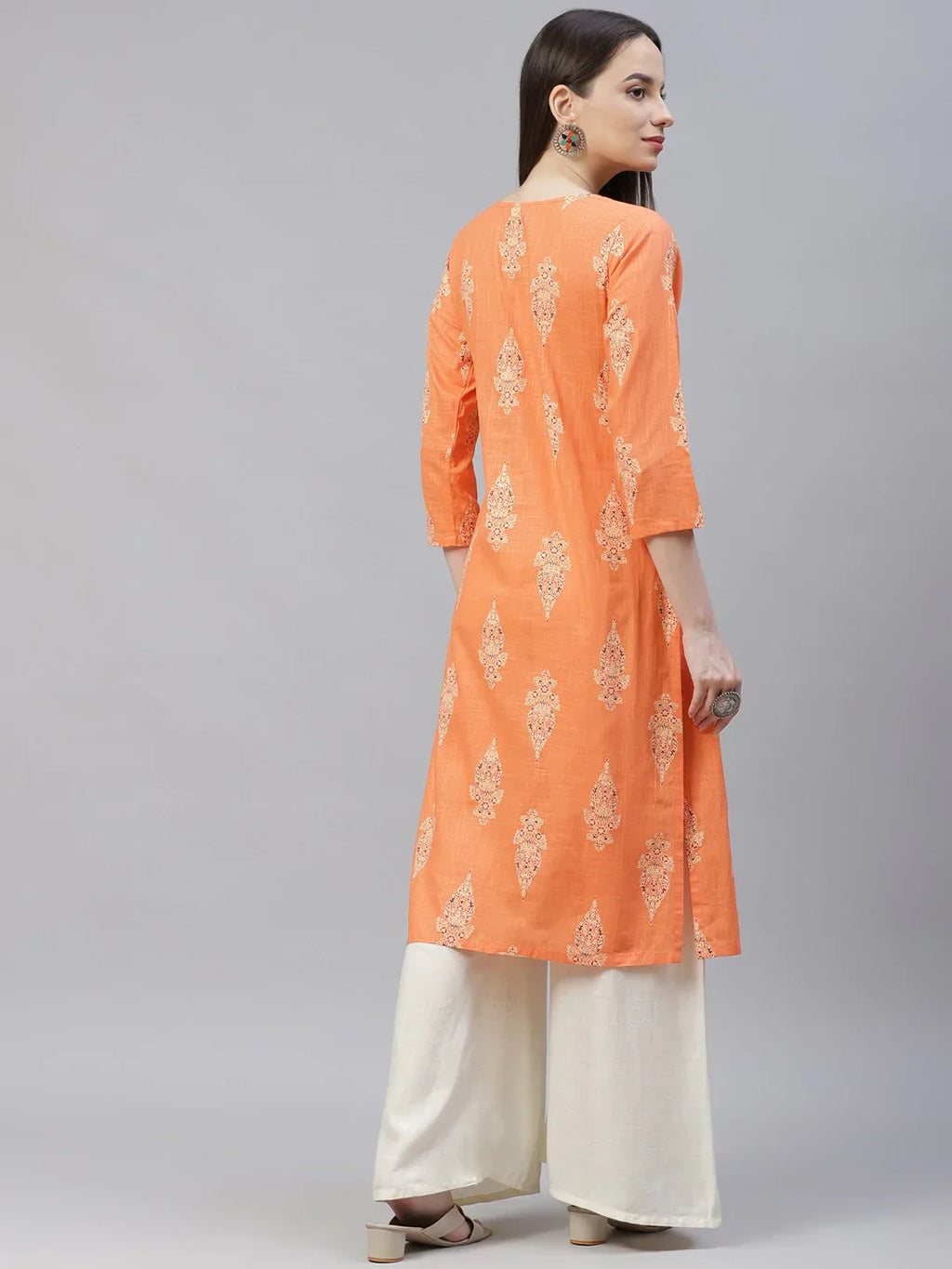 Jompers Women's Orange & Grey Ethnic Motifs Printed Block Print Kurta with Box Pleate