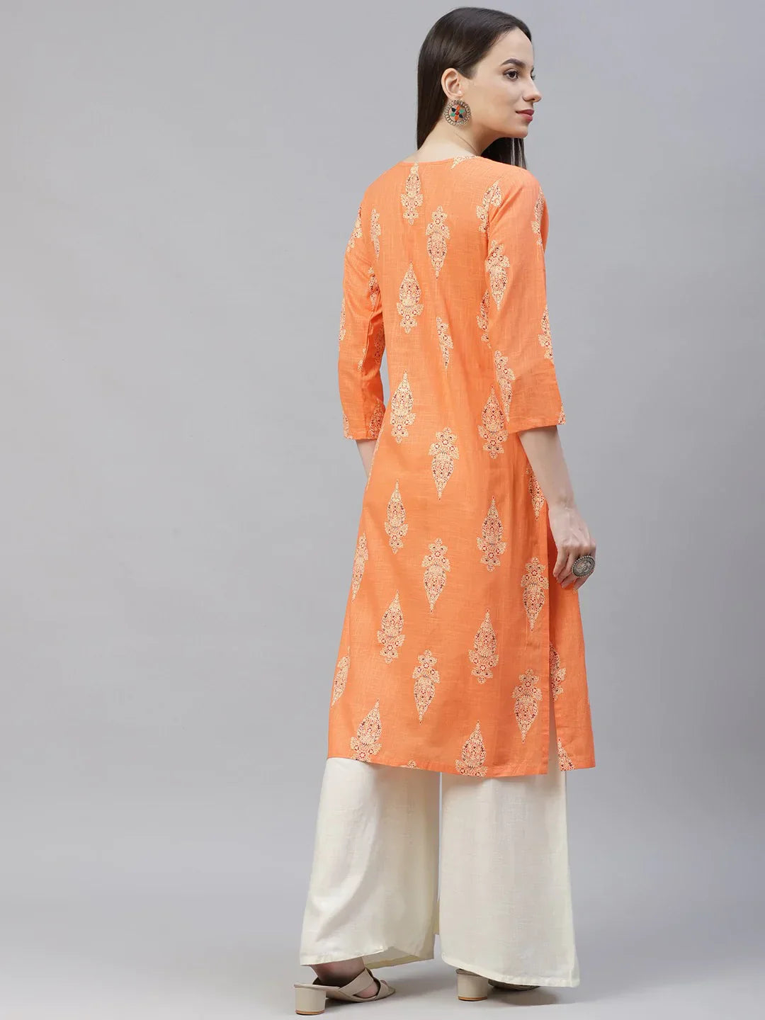Jompers Women's Orange & Grey Ethnic Motifs Printed Block Print Kurta with Box Pleate