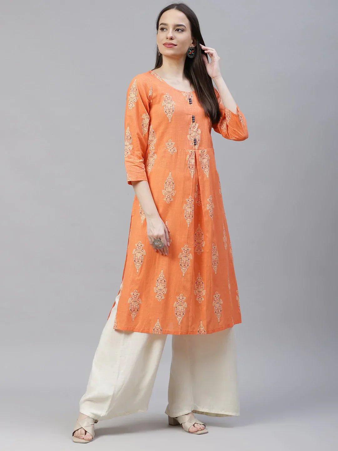 Jompers Women's Orange & Grey Ethnic Motifs Printed Block Print Kurta with Box Pleate