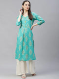 Jompers Women's Sea Green & Yellow Ethnic Motifs Printed Block Print Kurta with Box Pleate