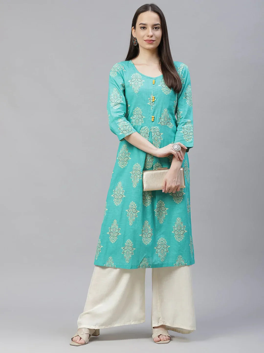 Jompers Women's Sea Green & Yellow Ethnic Motifs Printed Block Print Kurta with Box Pleate