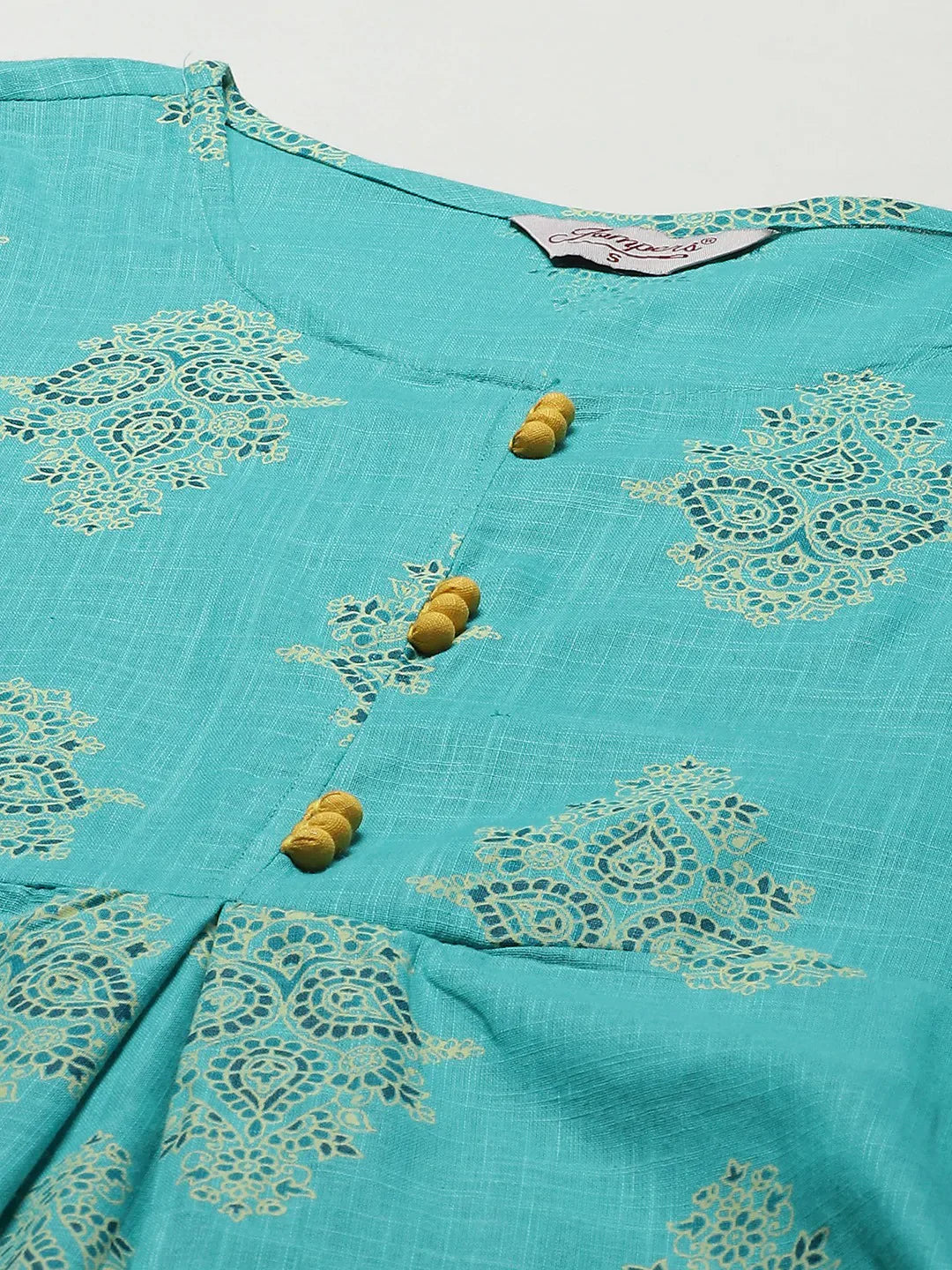 Jompers Women's Sea Green & Yellow Ethnic Motifs Printed Block Print Kurta with Box Pleate