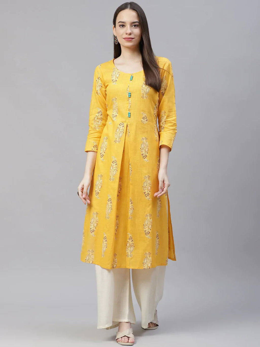 Jompers Women's Yellow & Sea Green Ethnic Motifs Printed Block Print Kurta with Box Pleate