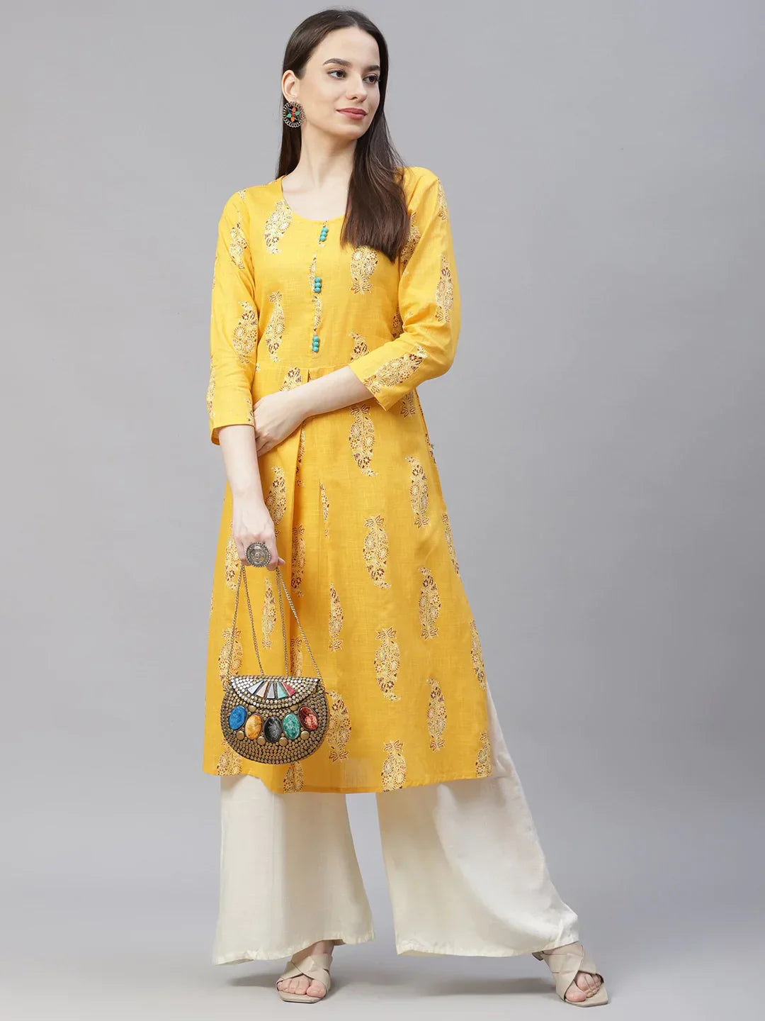 Jompers Women's Yellow & Sea Green Ethnic Motifs Printed Block Print Kurta with Box Pleate