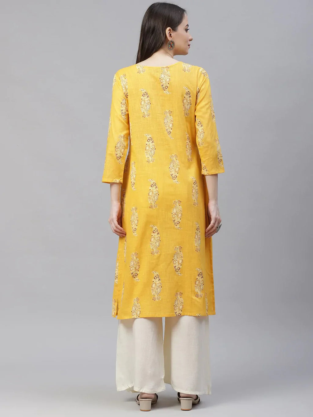 Jompers Women's Yellow & Sea Green Ethnic Motifs Printed Block Print Kurta with Box Pleate
