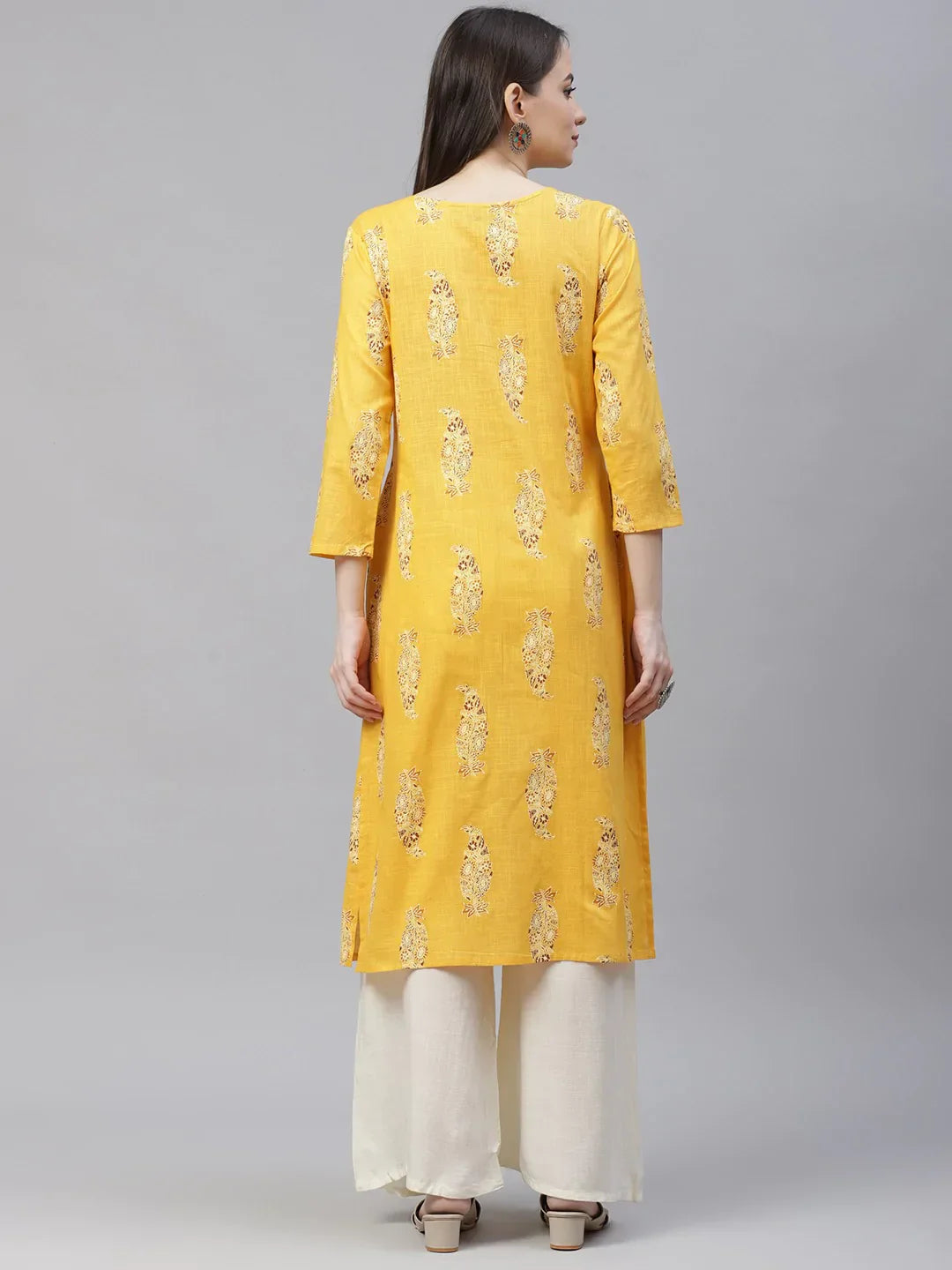 Jompers Women's Yellow & Sea Green Ethnic Motifs Printed Block Print Kurta with Box Pleate