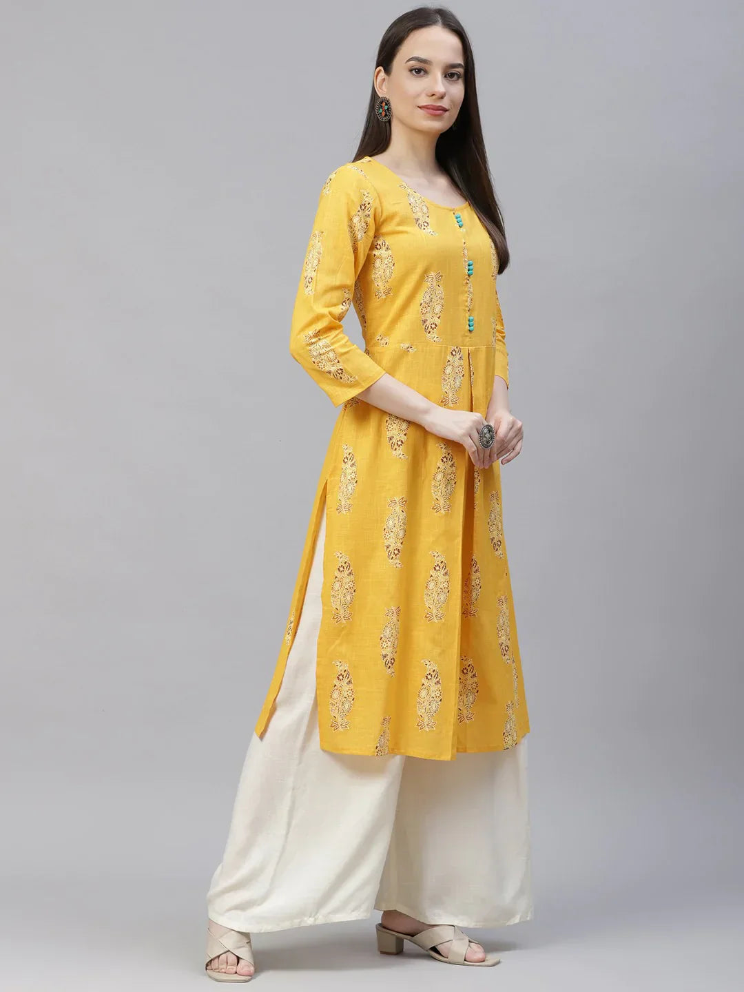 Jompers Women's Yellow & Sea Green Ethnic Motifs Printed Block Print Kurta with Box Pleate