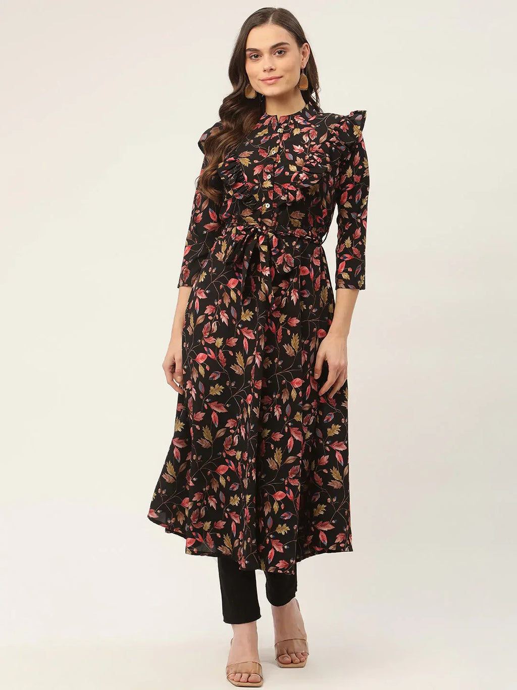 Jompers Women's Black Flared Printed kurta