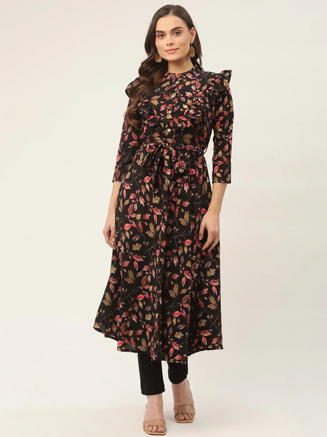 Jompers Women's Black Flared Printed kurta
