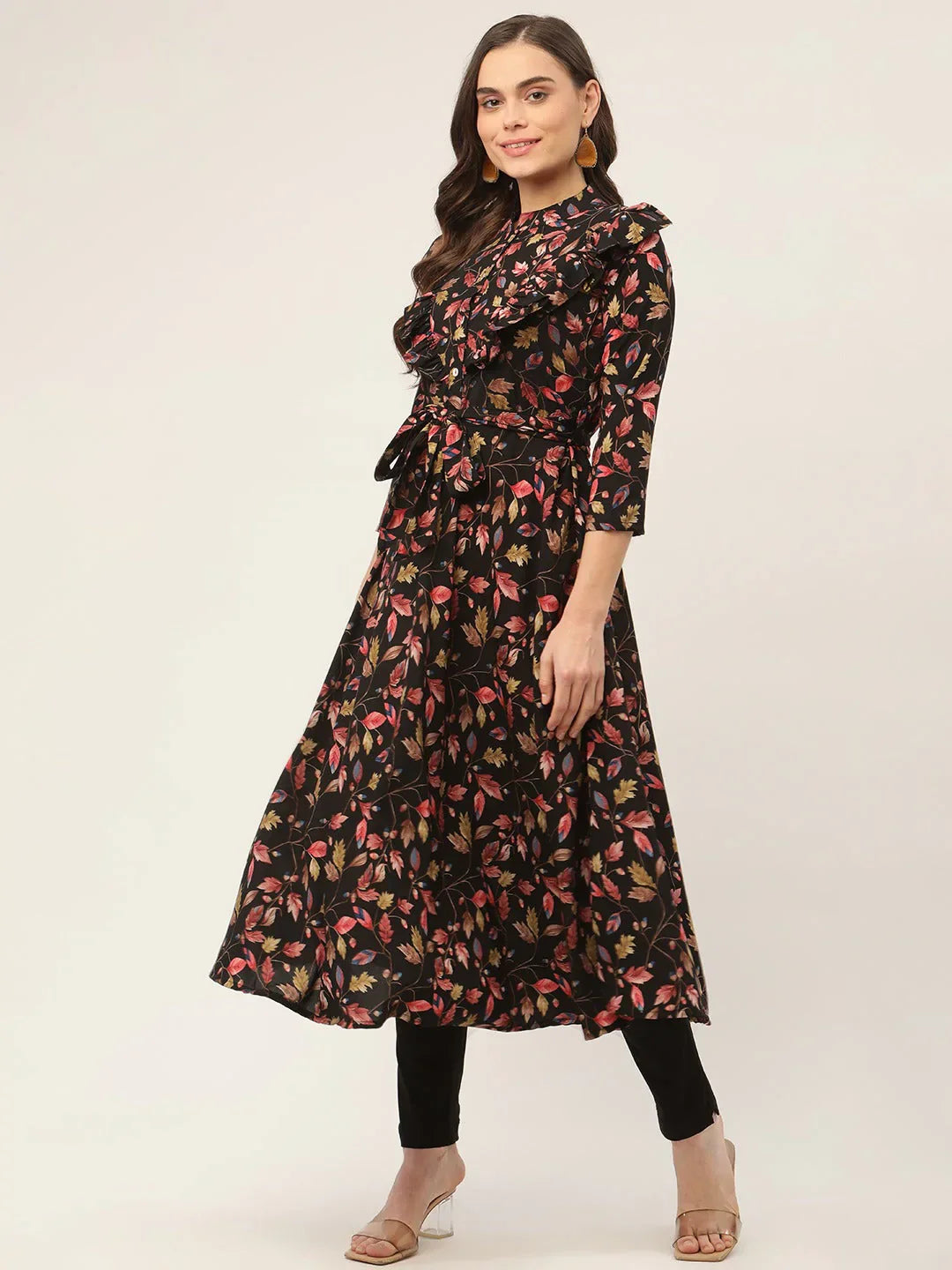 Jompers Women's Black Flared Printed kurta