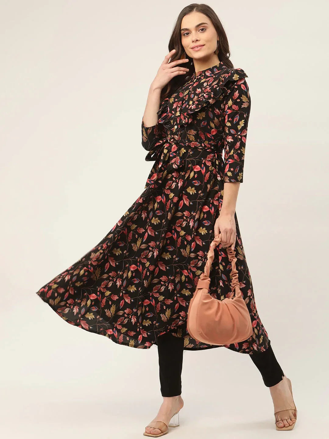 Jompers Women's Black Flared Printed kurta