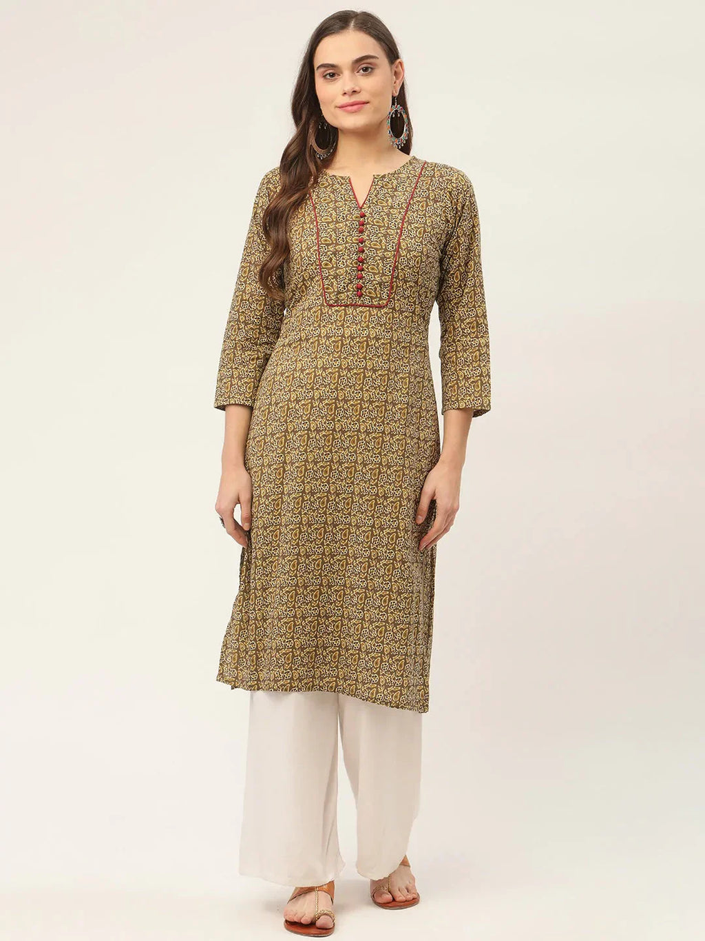 Jompers Women's Brown and Olive Printed Straight Pure Cotton Kurta