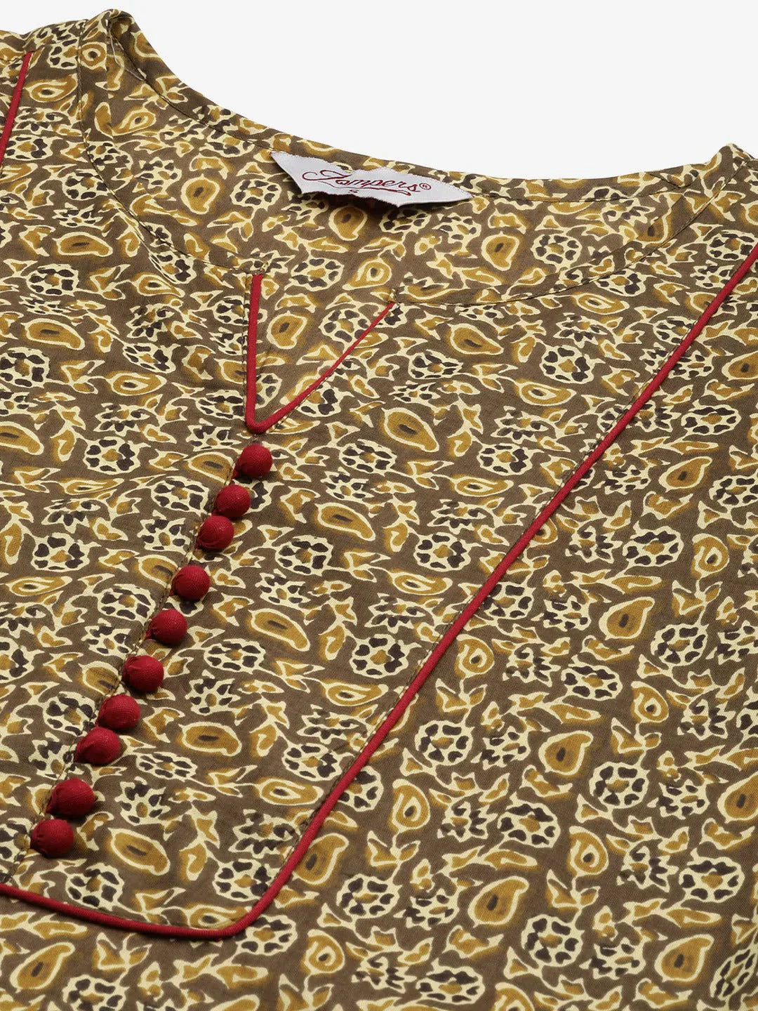 Jompers Women's Brown and Olive Printed Straight Pure Cotton Kurta