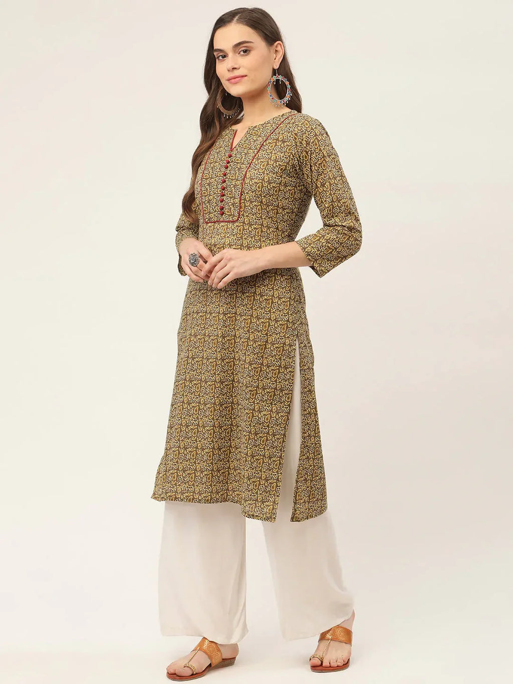 Jompers Women's Brown and Olive Printed Straight Pure Cotton Kurta