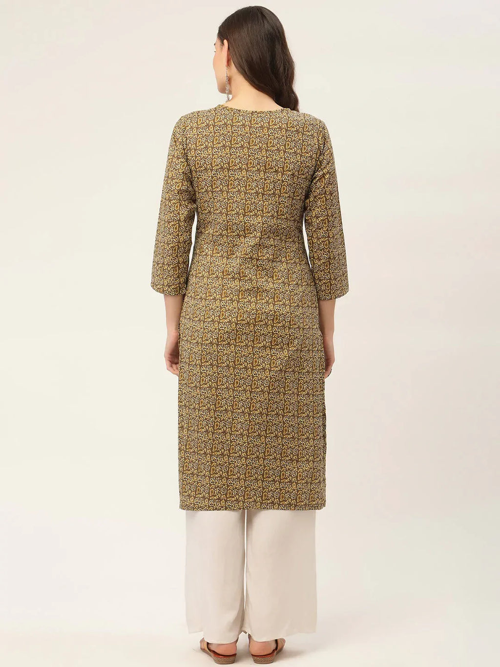 Jompers Women's Brown and Olive Printed Straight Pure Cotton Kurta