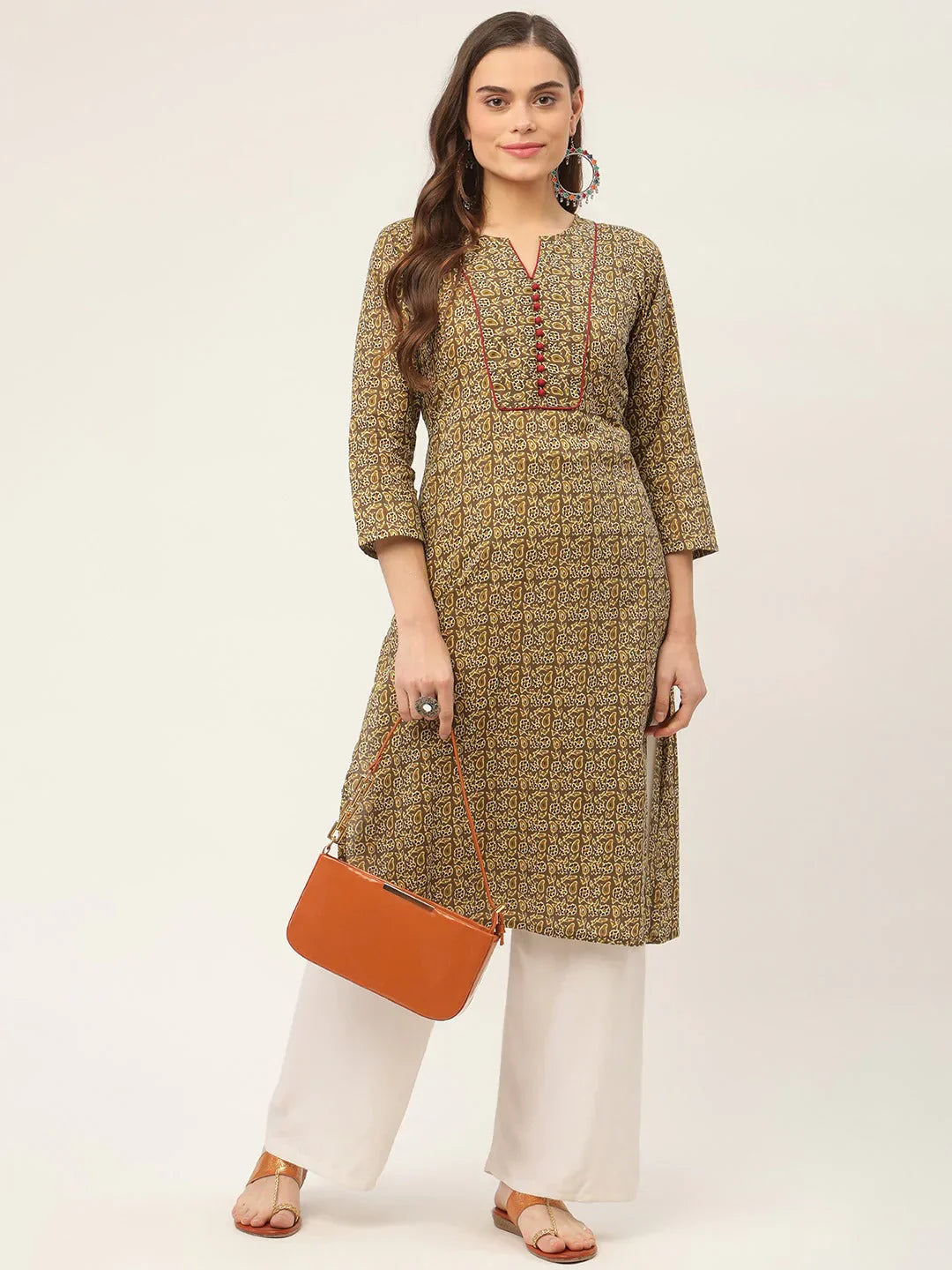 Jompers Women's Brown and Olive Printed Straight Pure Cotton Kurta