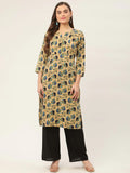Jompers Women's Beige and Navy Printed Straight Pure Cotton Kurta
