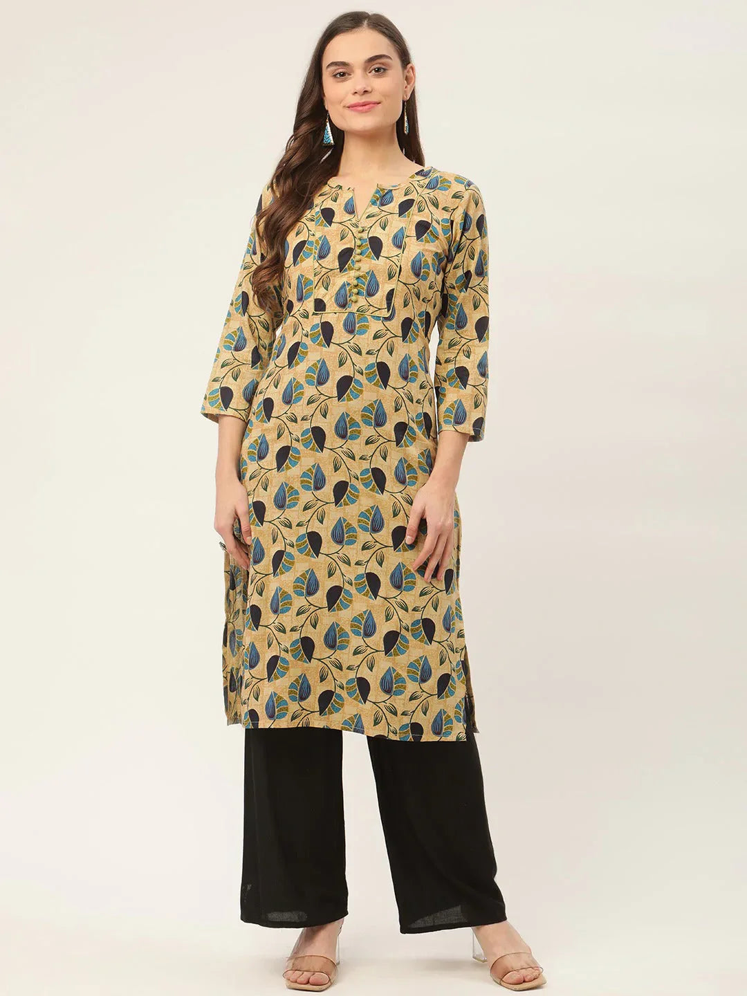 Jompers Women's Beige and Navy Printed Straight Pure Cotton Kurta