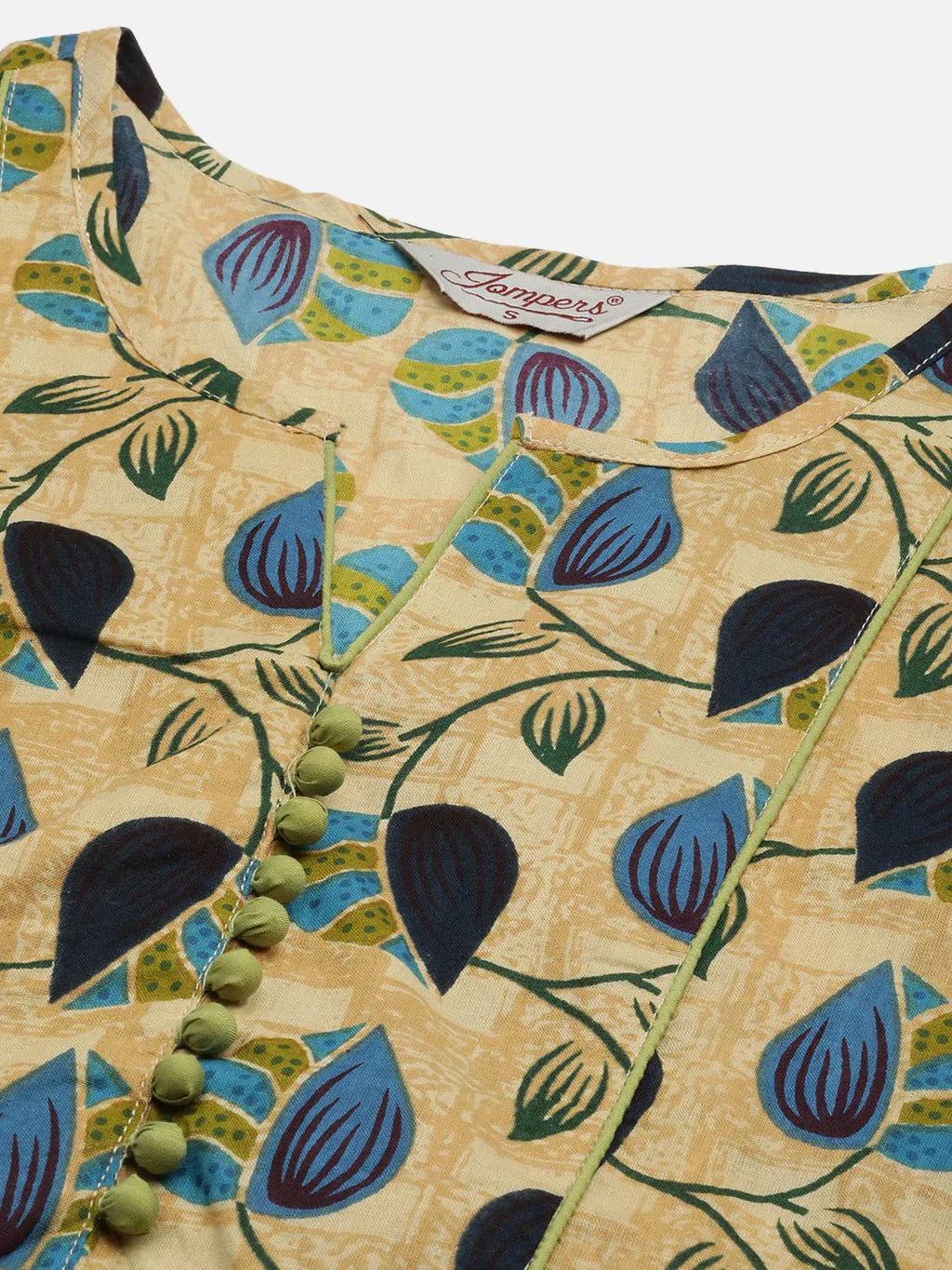 Jompers Women's Beige and Navy Printed Straight Pure Cotton Kurta