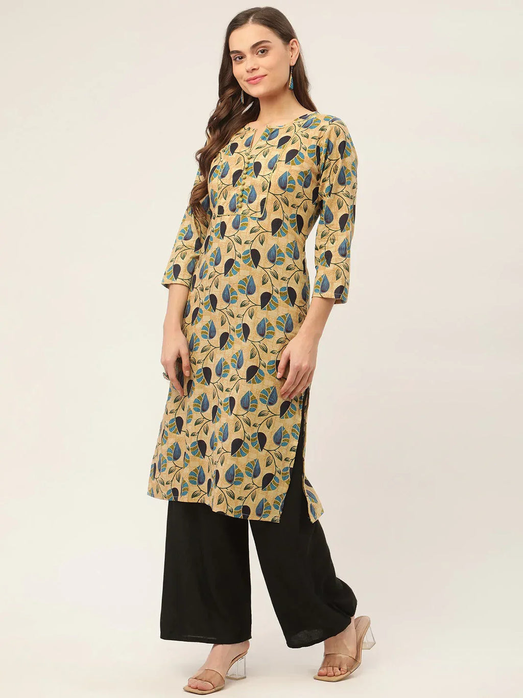 Jompers Women's Beige and Navy Printed Straight Pure Cotton Kurta