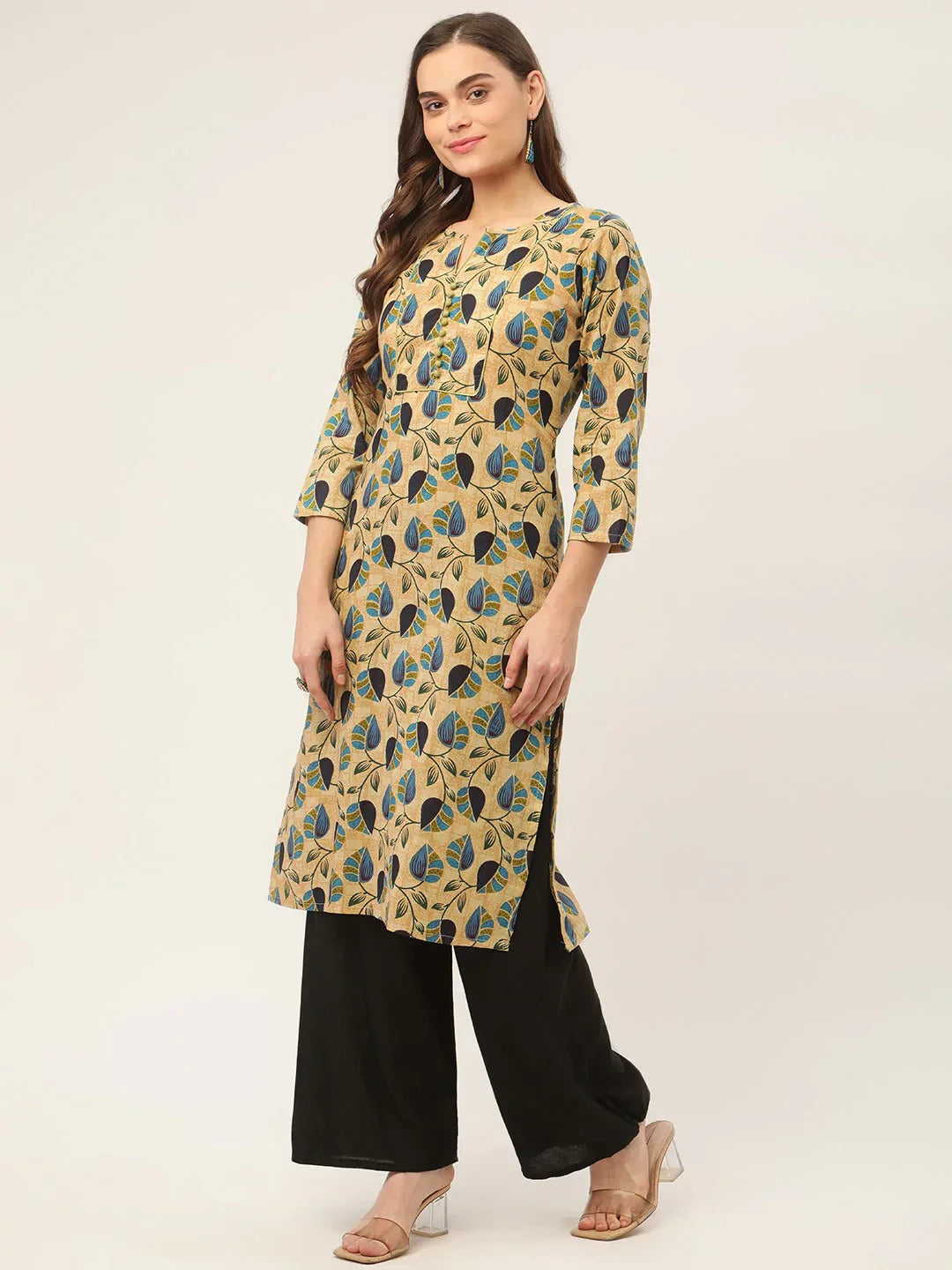 Jompers Women's Beige and Navy Printed Straight Pure Cotton Kurta