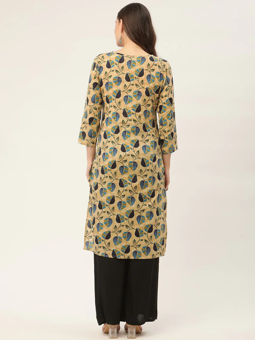 Jompers Women's Beige and Navy Printed Straight Pure Cotton Kurta