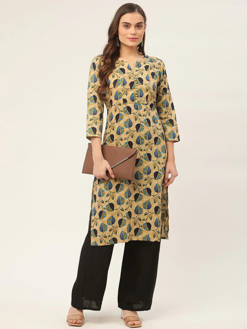 Jompers Women's Beige and Navy Printed Straight Pure Cotton Kurta
