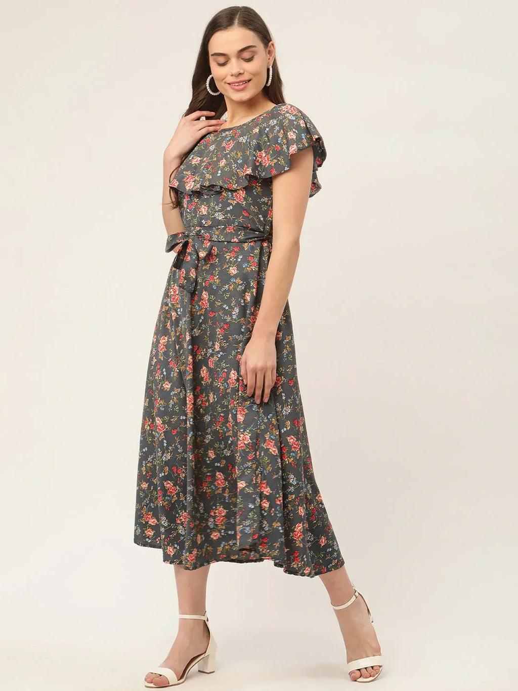 Jompers Women's Grey Flared Printed kurta