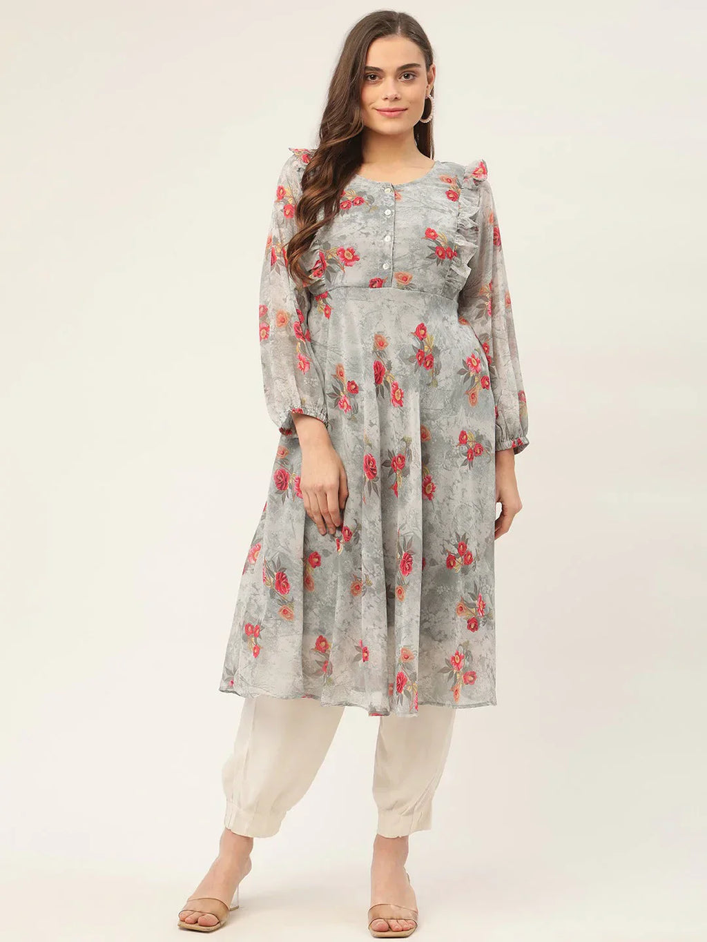 Jompers Women's Grey Georgette Flared Printed kurta