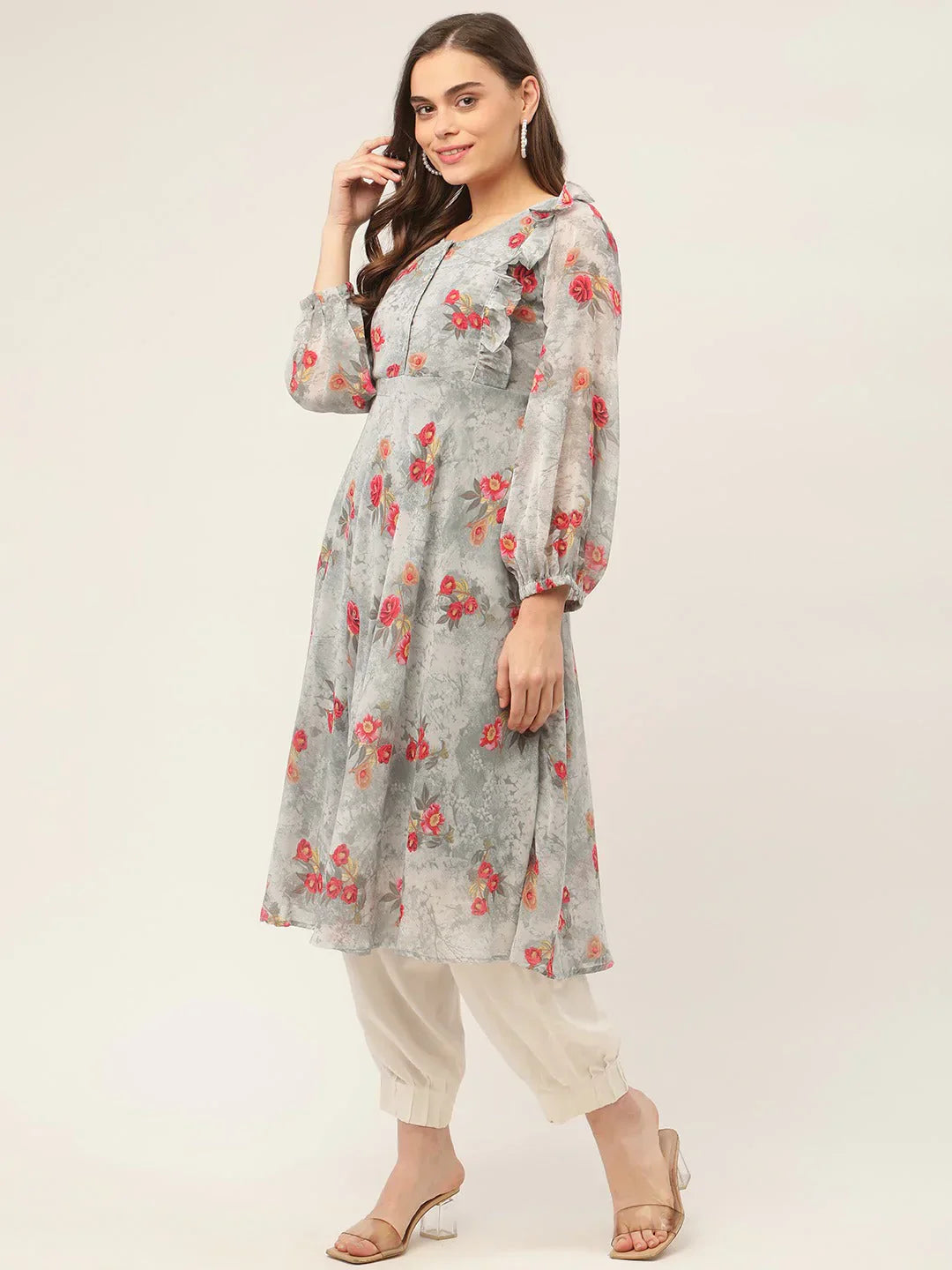 Jompers Women's Grey Georgette Flared Printed kurta