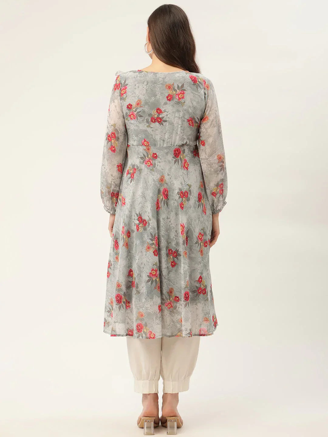Jompers Women's Grey Georgette Flared Printed kurta