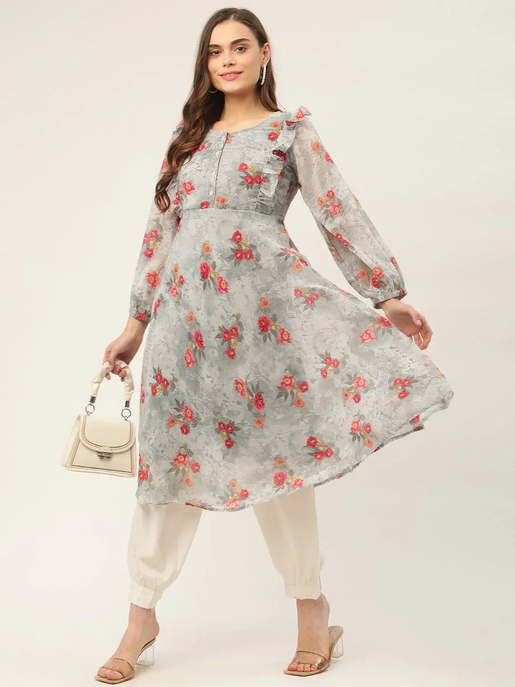 Jompers Women's Grey Georgette Flared Printed kurta