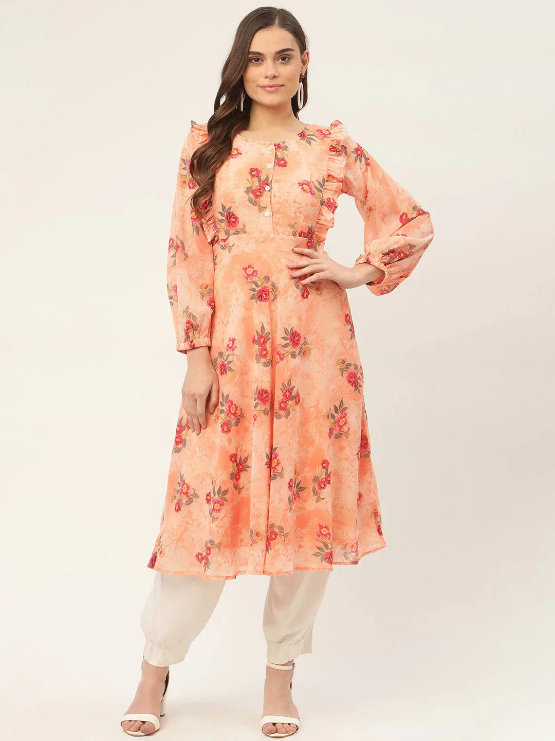 Jompers Women's Orange Georgette Flared Printed kurta