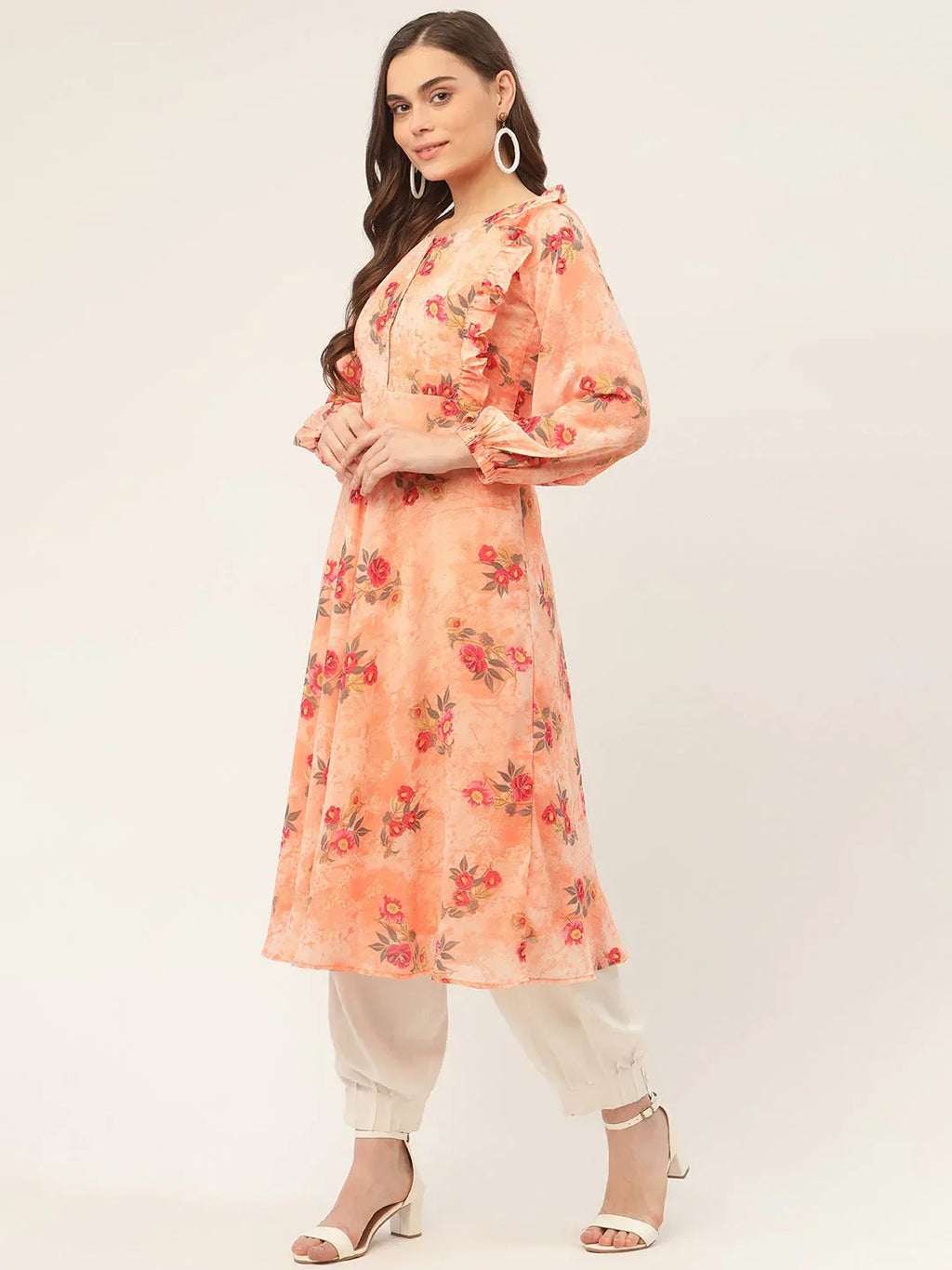 Jompers Women's Orange Georgette Flared Printed kurta