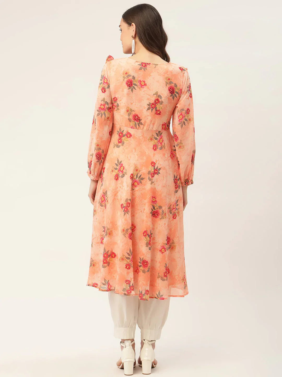 Jompers Women's Orange Georgette Flared Printed kurta