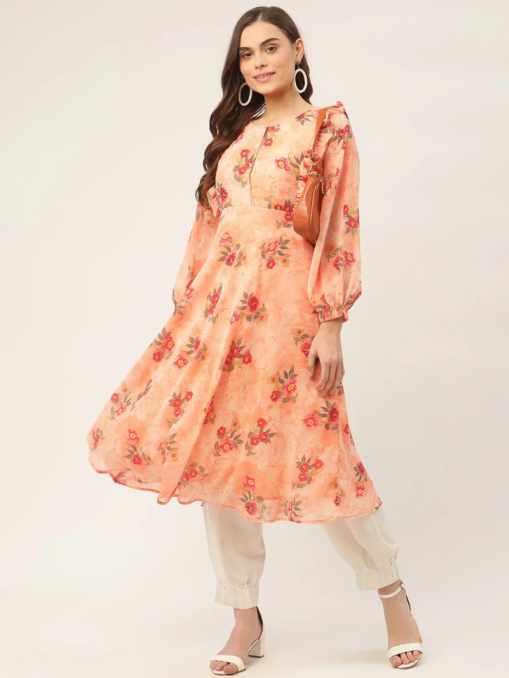 Jompers Women's Orange Georgette Flared Printed kurta