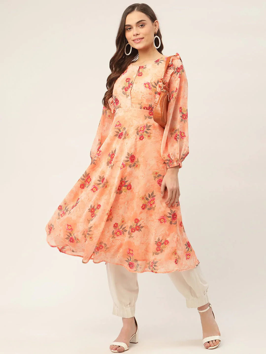 Jompers Women's Orange Georgette Flared Printed kurta