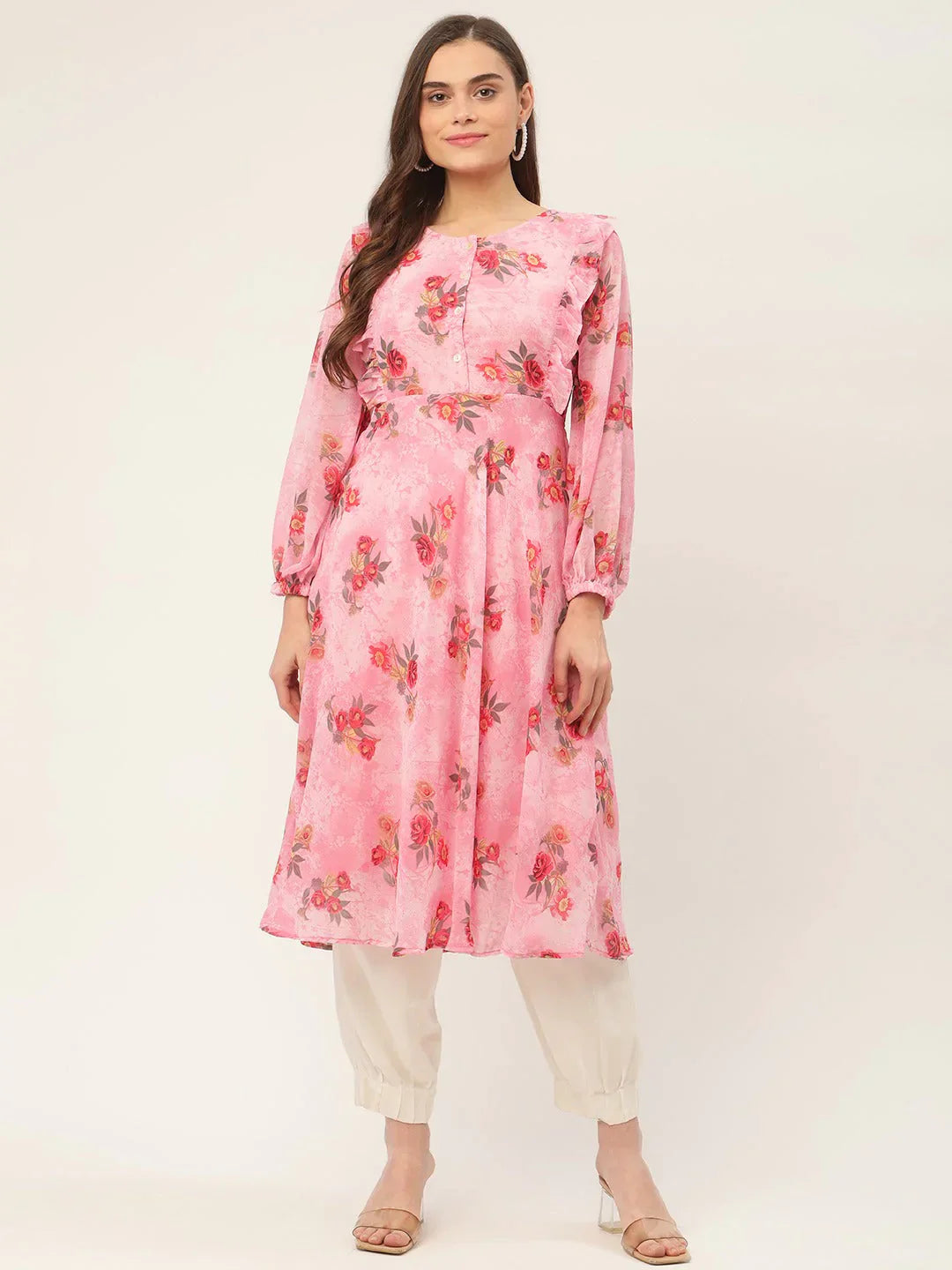 Jompers Women's Pink Georgette Flared Printed kurta
