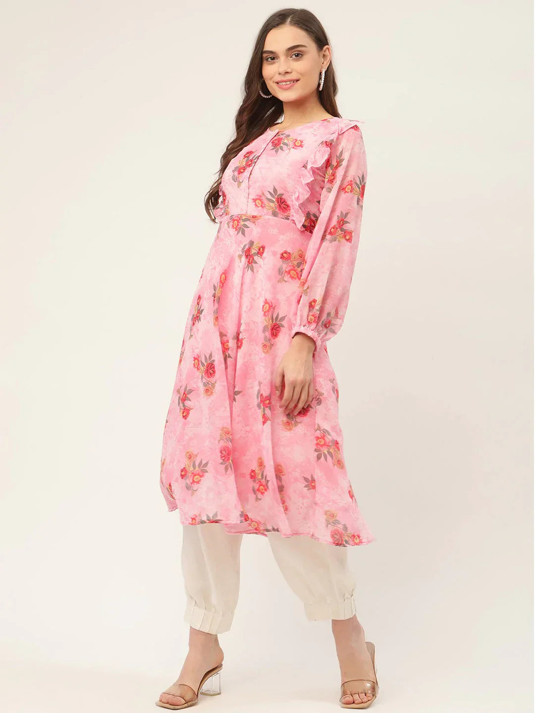 Jompers Women's Pink Georgette Flared Printed kurta