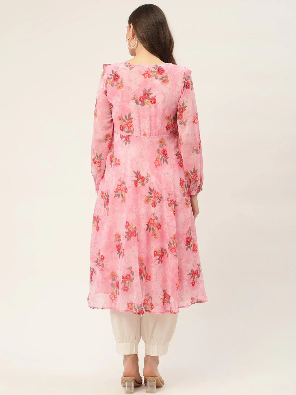 Jompers Women's Pink Georgette Flared Printed kurta