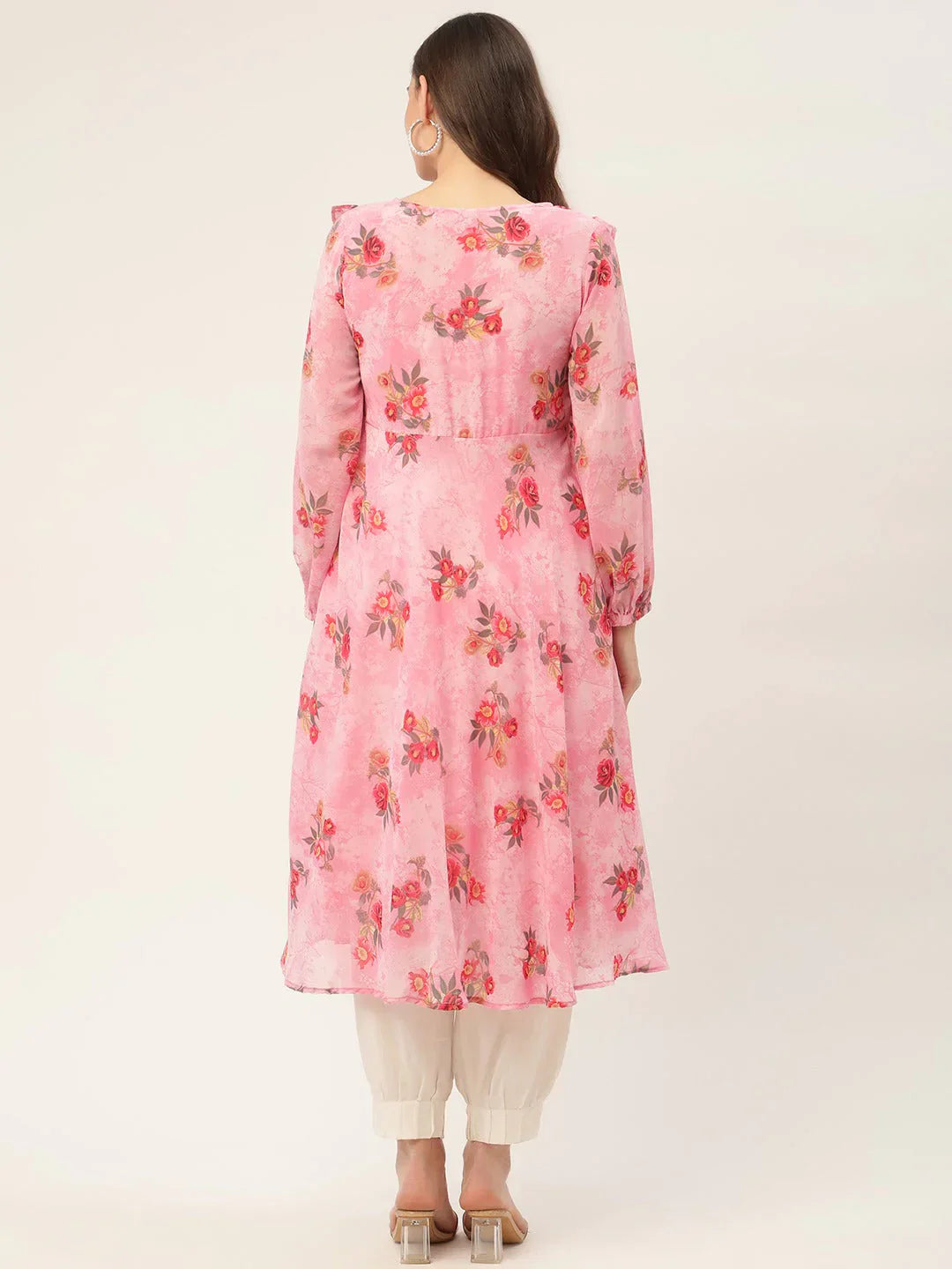 Jompers Women's Pink Georgette Flared Printed kurta